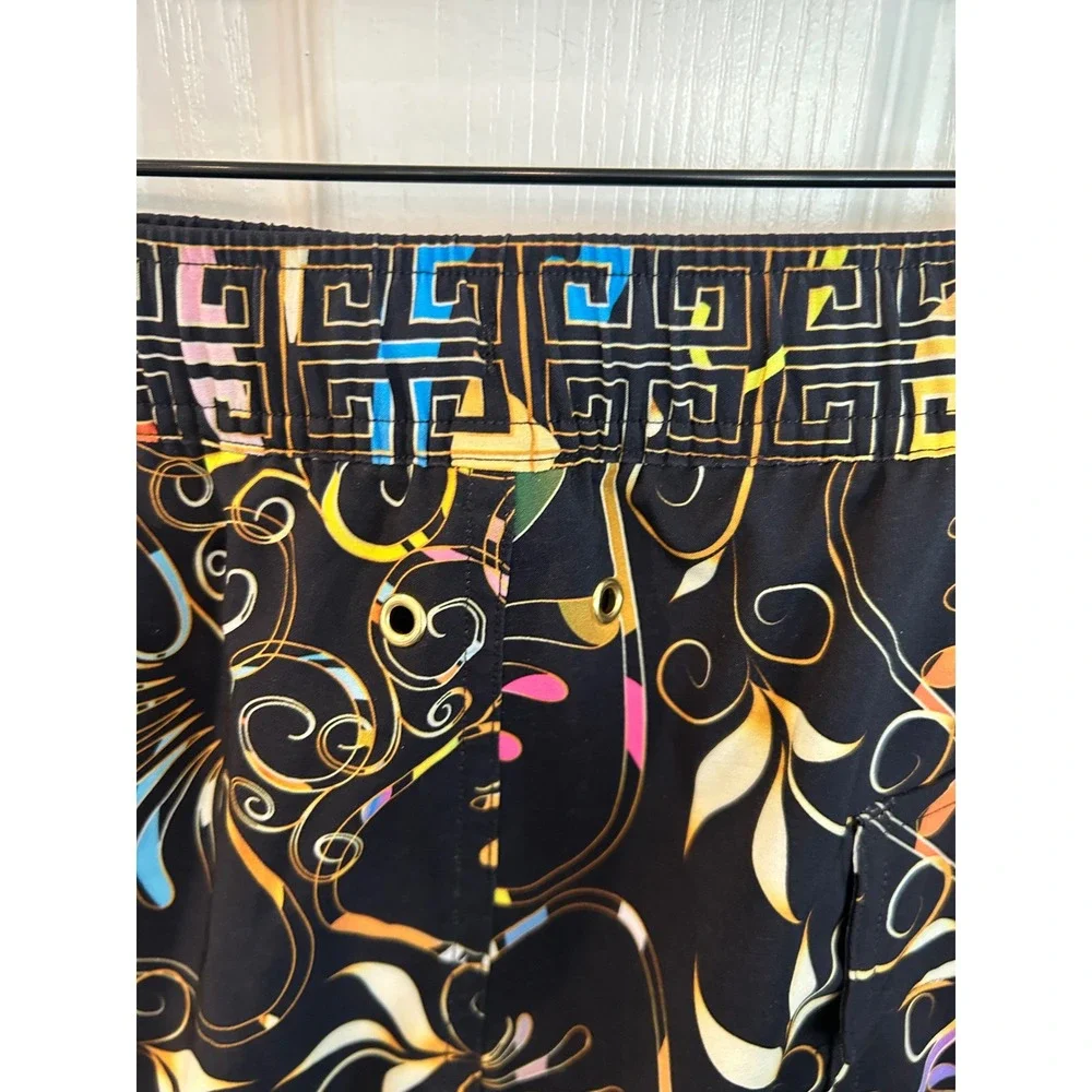Johnny Was Swim Trunks Black Multi Color Geometric Floral Board Shorts Mens‎